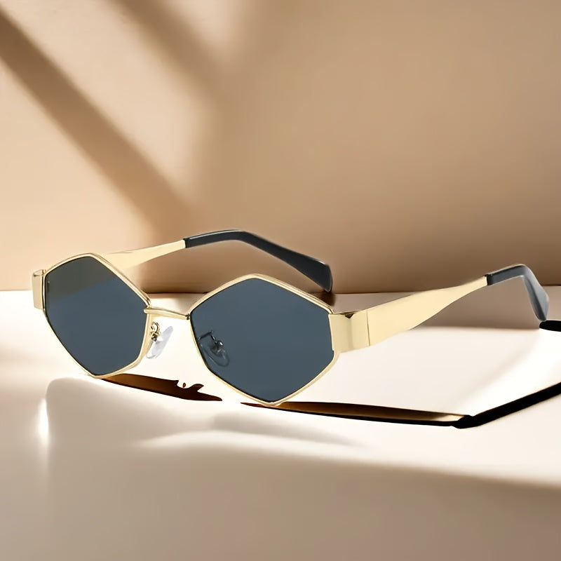 1 Pair Retro Metal Polygon Fashion Glasses Protection Oval Shape Unisex Fashion Glasses with Metallic Golden Frame & Dark Tinted Lenses for Daily Wear, Parties, Street Style - Includes Case & Cloth, Eyeglass Case